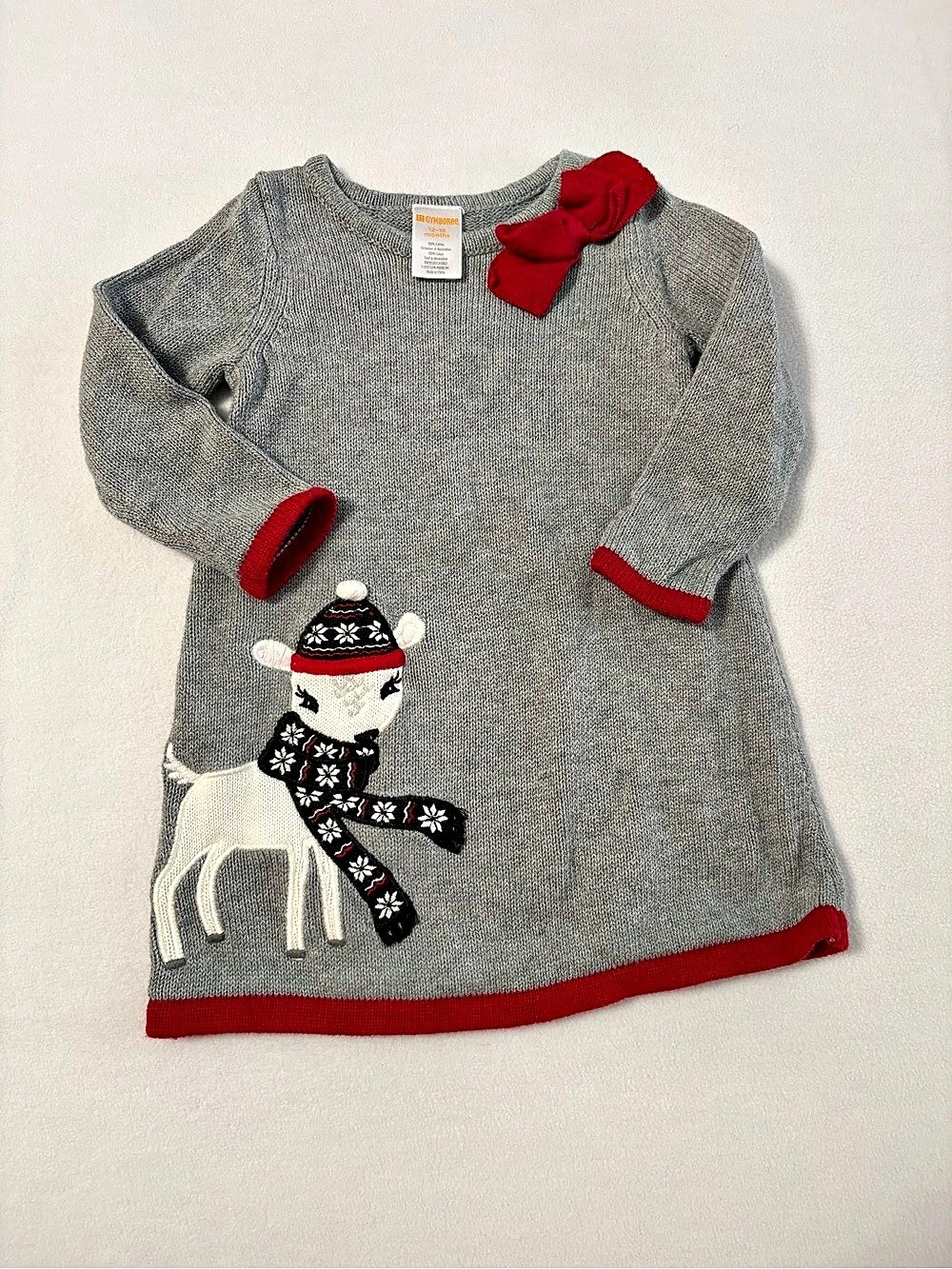 Gymboree Deer Reindeer Fair Isle Sweater Dress Gray & Red 12-18M Christmas/Holid